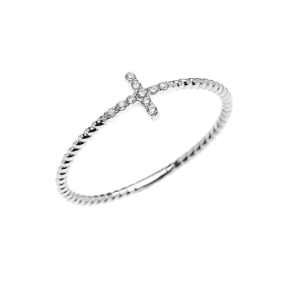 Gold Dainty Diamond Sideways Cross Rope Band Ring, view 3