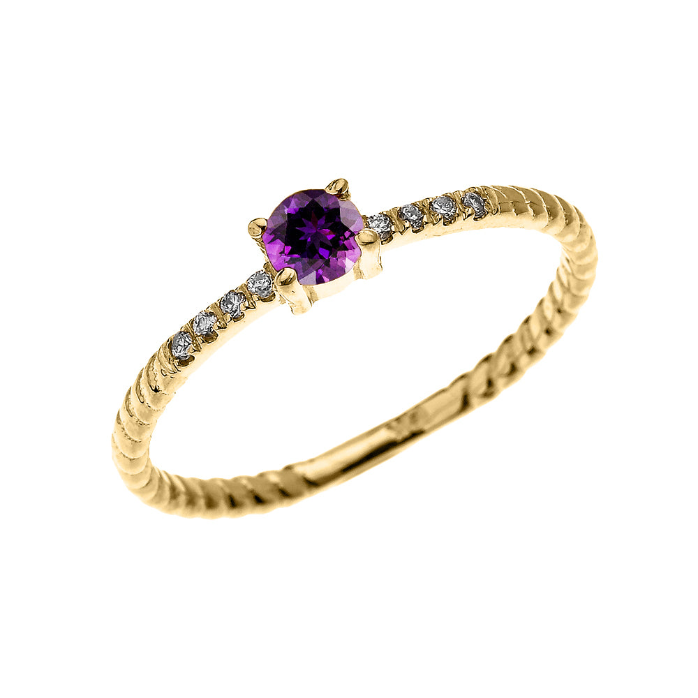 Gold Dainty Solitaire Amethyst and Diamond Rope Design Engagement/Proposal/Stackable Ring