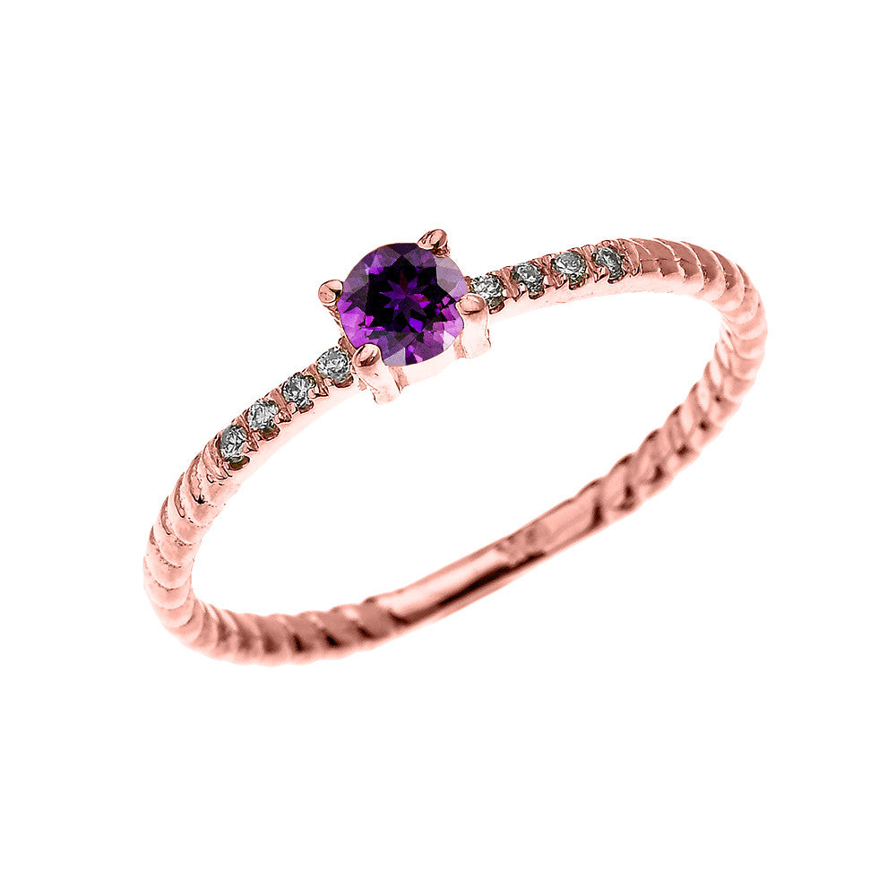 Gold Dainty Solitaire Amethyst and Diamond Rope Design Engagement/Proposal/Stackable Ring, view 2