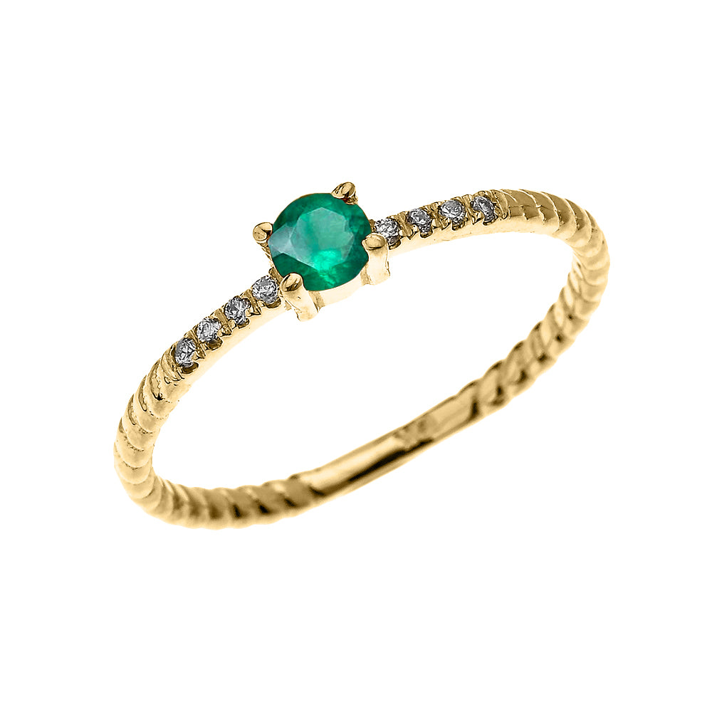 Gold Dainty Solitaire Emerald and Diamond Rope Design Engagement/Proposal/Stackable Ring