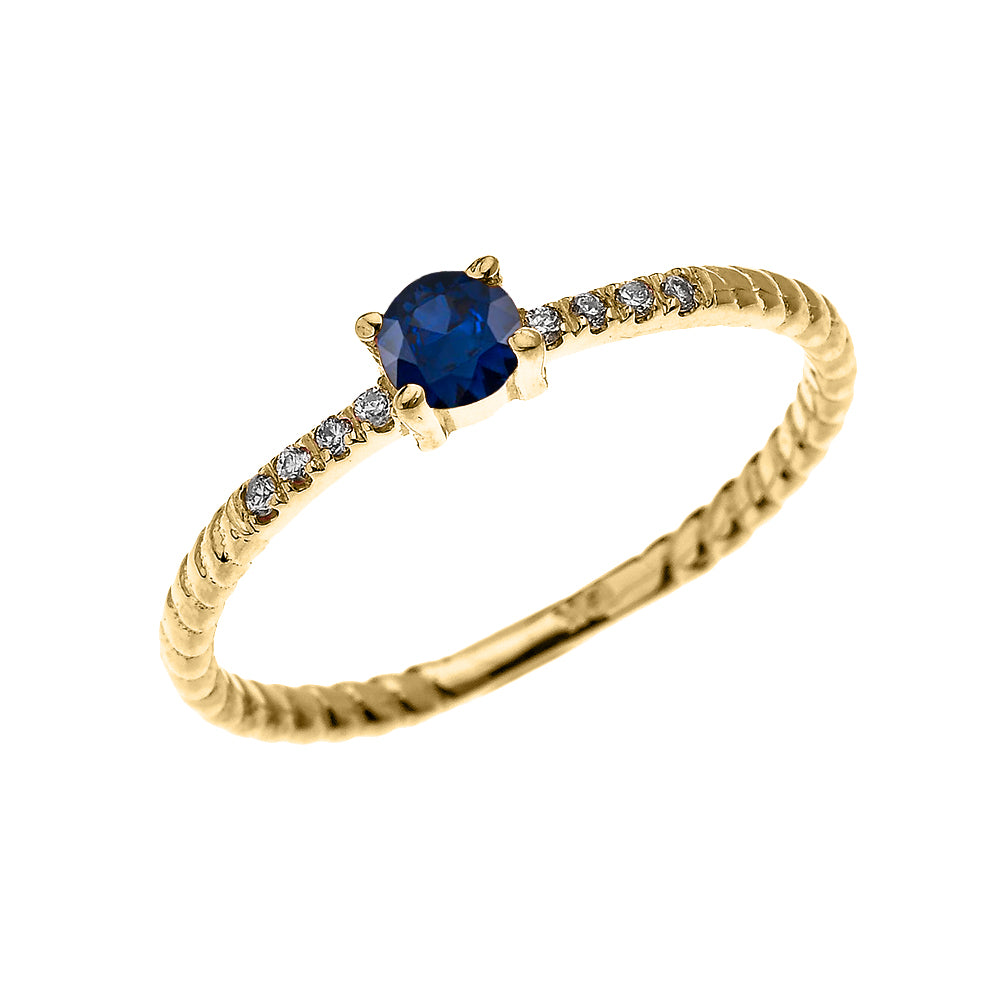 Gold Dainty Solitaire Sapphire and Diamond Rope Design Engagement/Proposal/Stackable Ring