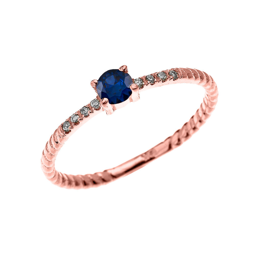 Gold Dainty Solitaire Sapphire and Diamond Rope Design Engagement/Proposal/Stackable Ring, view 2