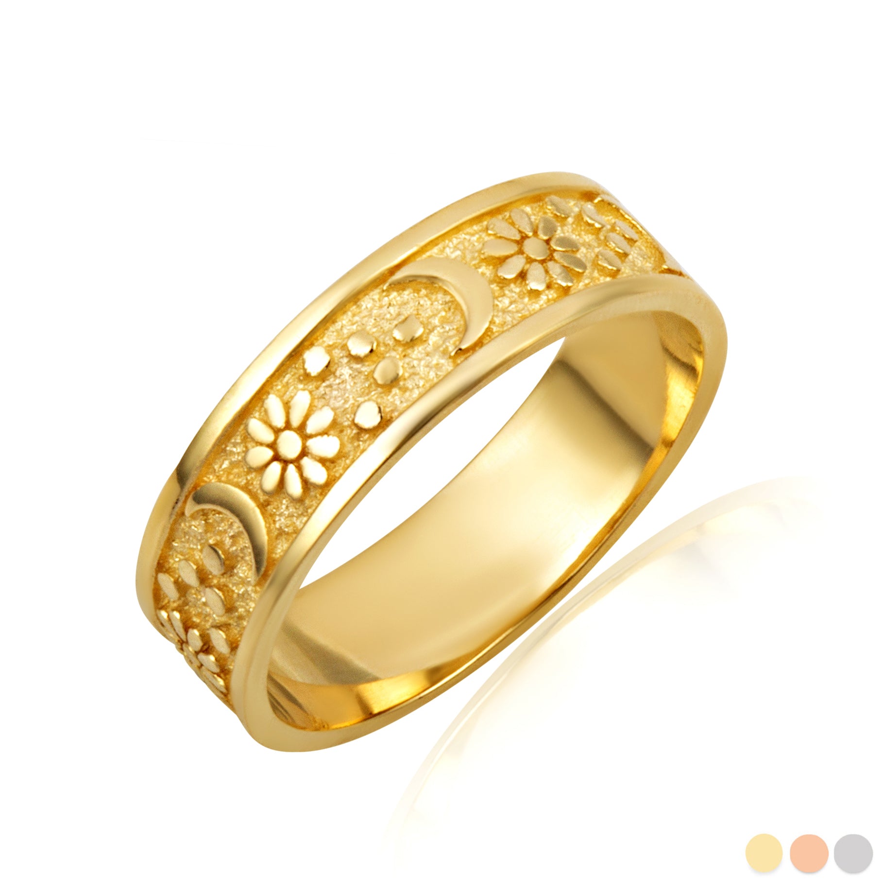 Gold Daisy Flower Moon Textured Band Ring