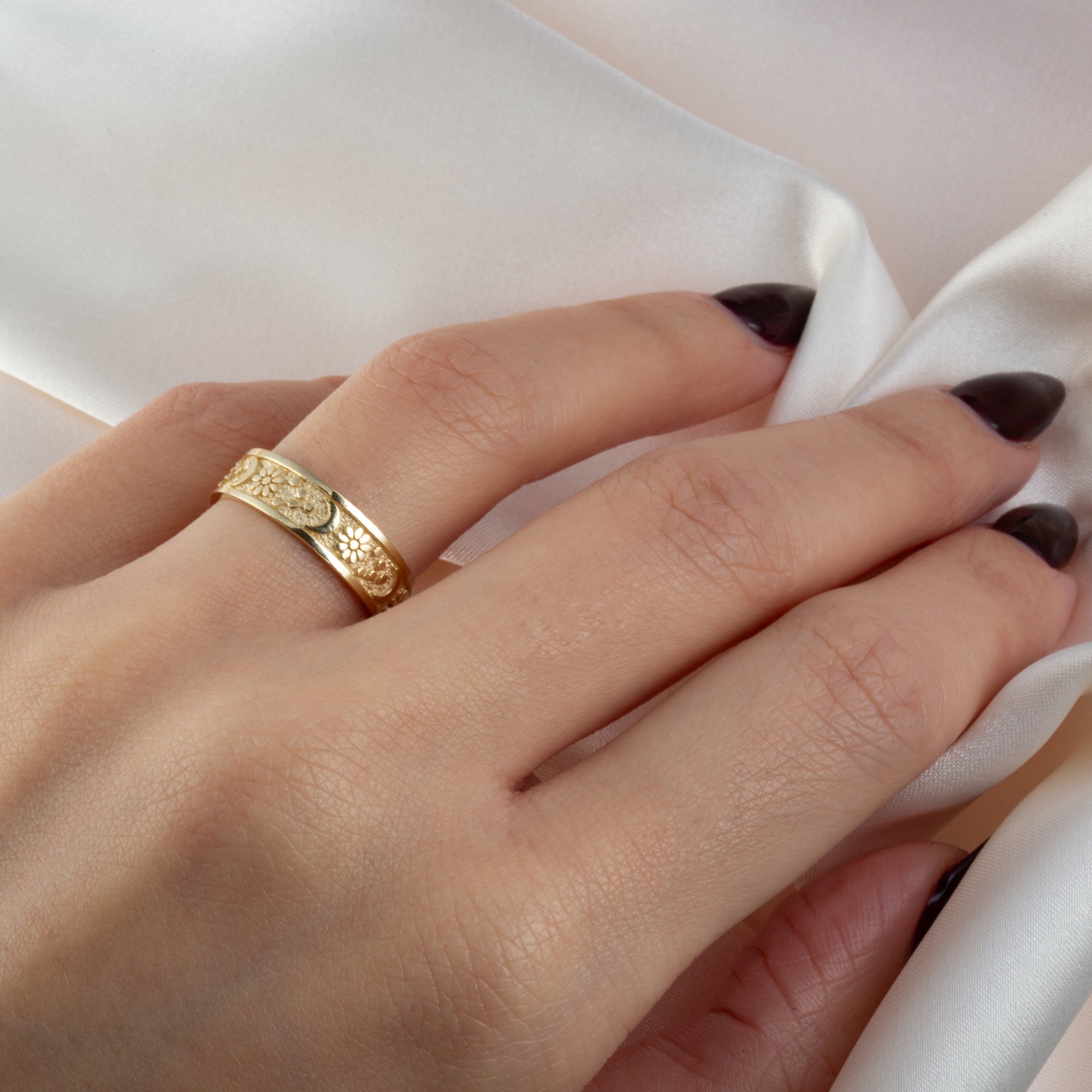Gold Daisy Flower Moon Textured Band Ring, view 2