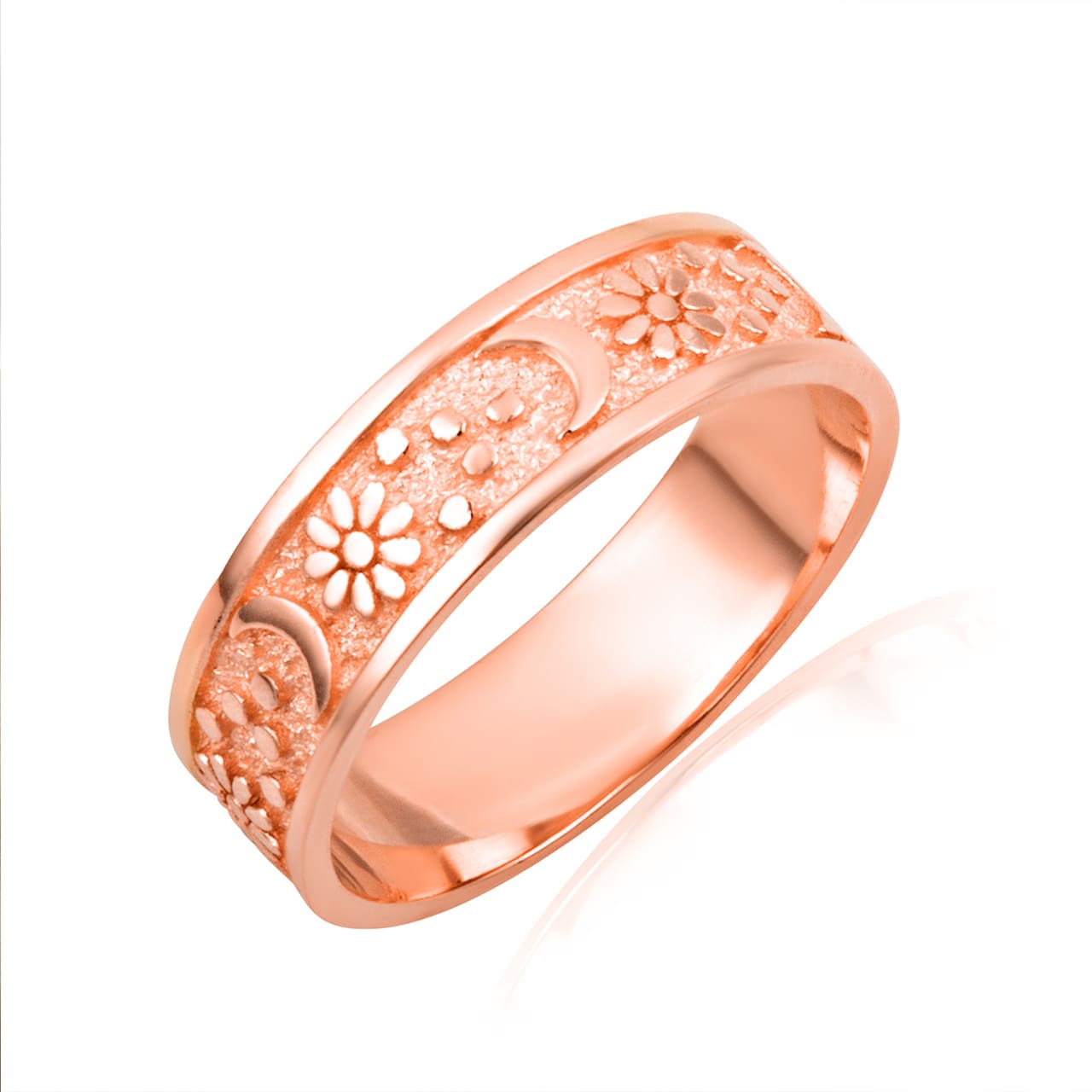 Gold Daisy Flower Moon Textured Band Ring, view 3