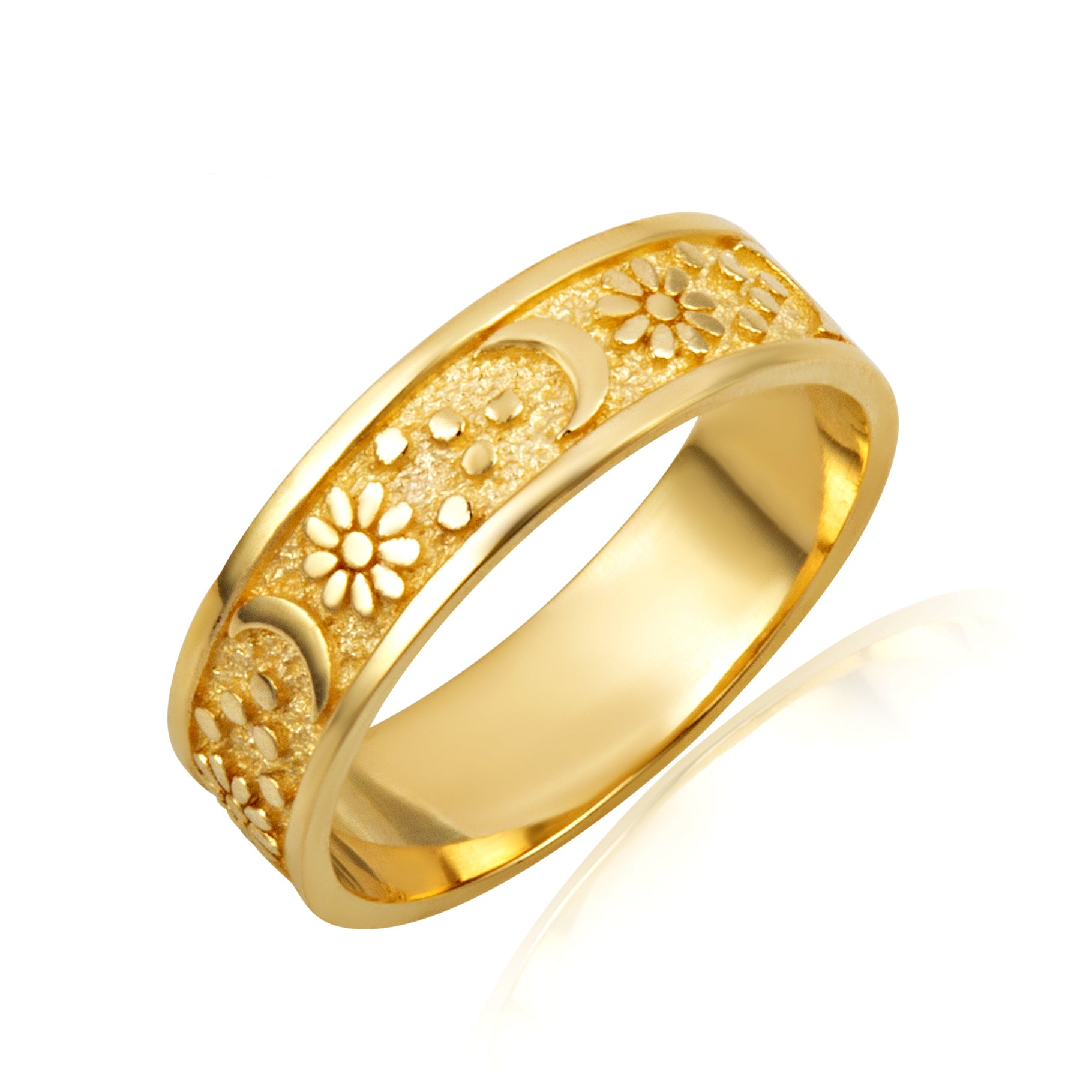 Gold Daisy Flower Moon Textured Band Ring, view 5