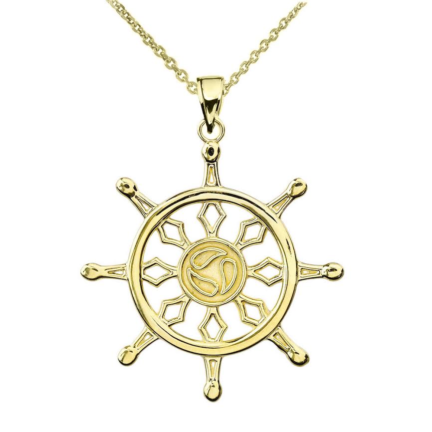Gold Dharma Wheel Buddhism Symbol Pendant