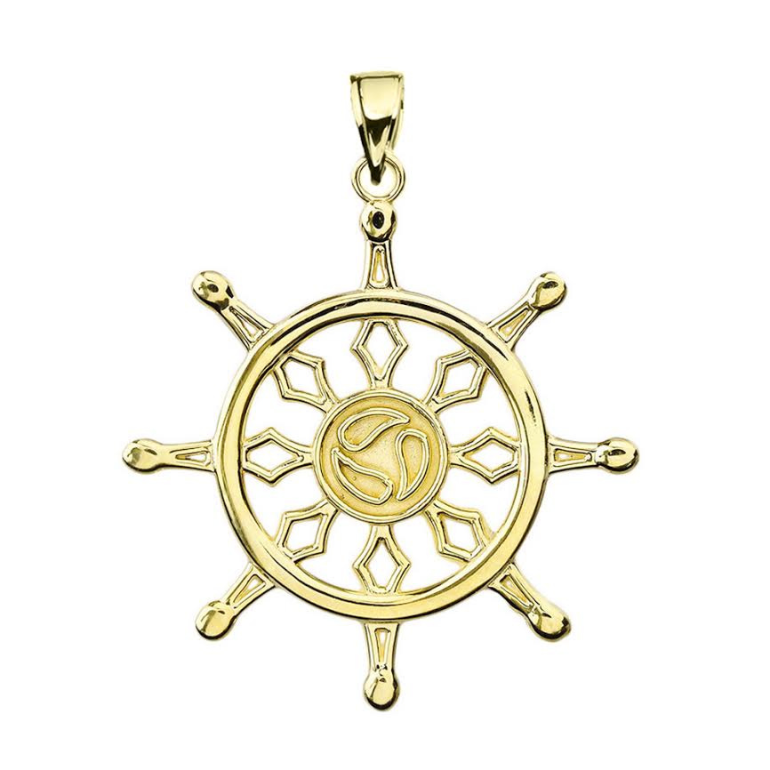 Gold Dharma Wheel Buddhism Symbol Pendant, view 4