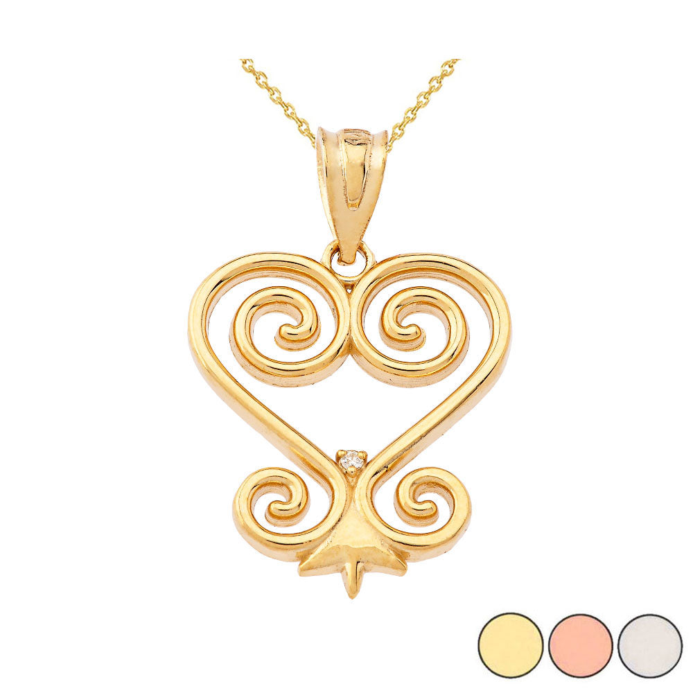 Gold Diamond African Adinkra Sankofa Heart Pendant Necklace