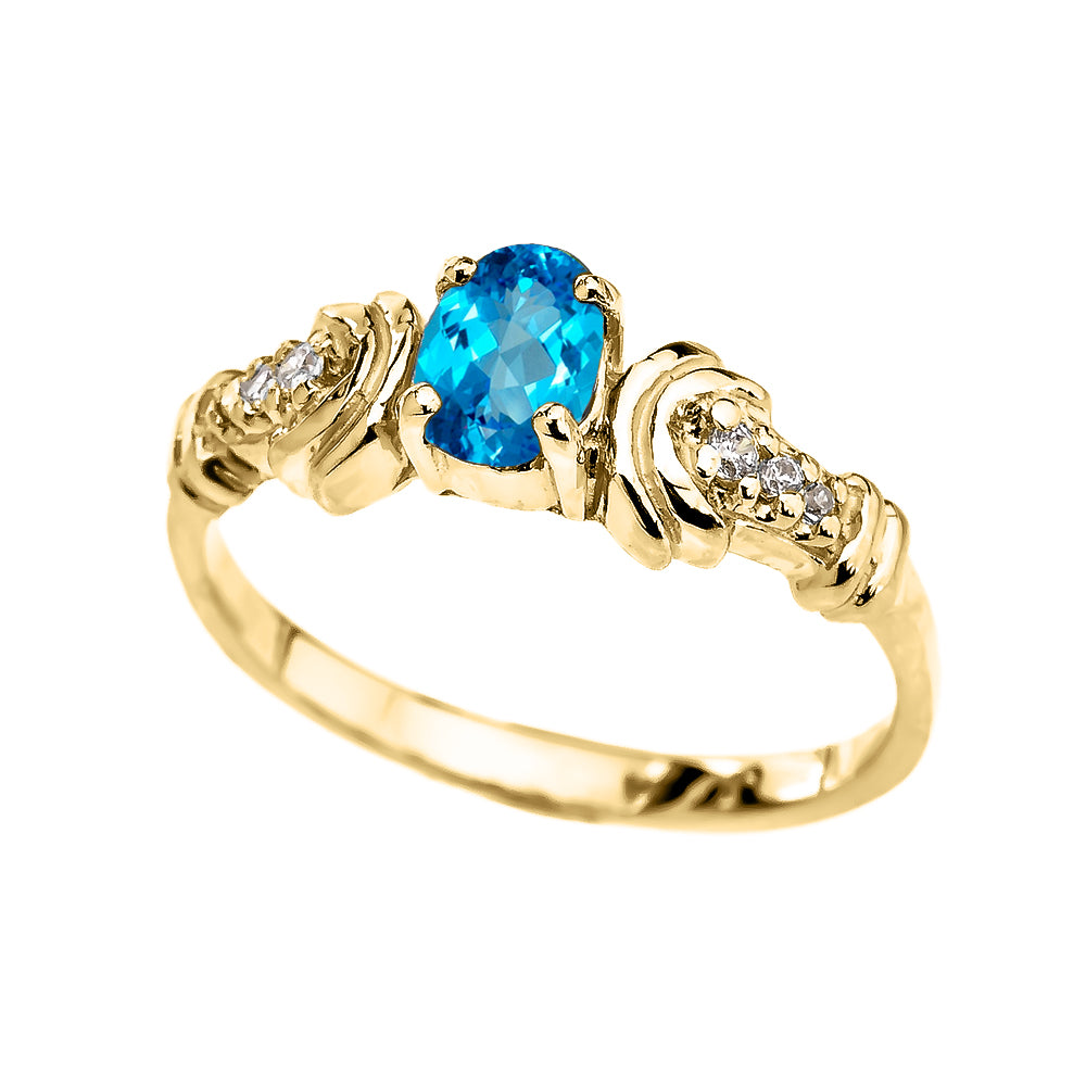 Gold Diamond and Blue Topaz Oval Solitaire Proposal Ring