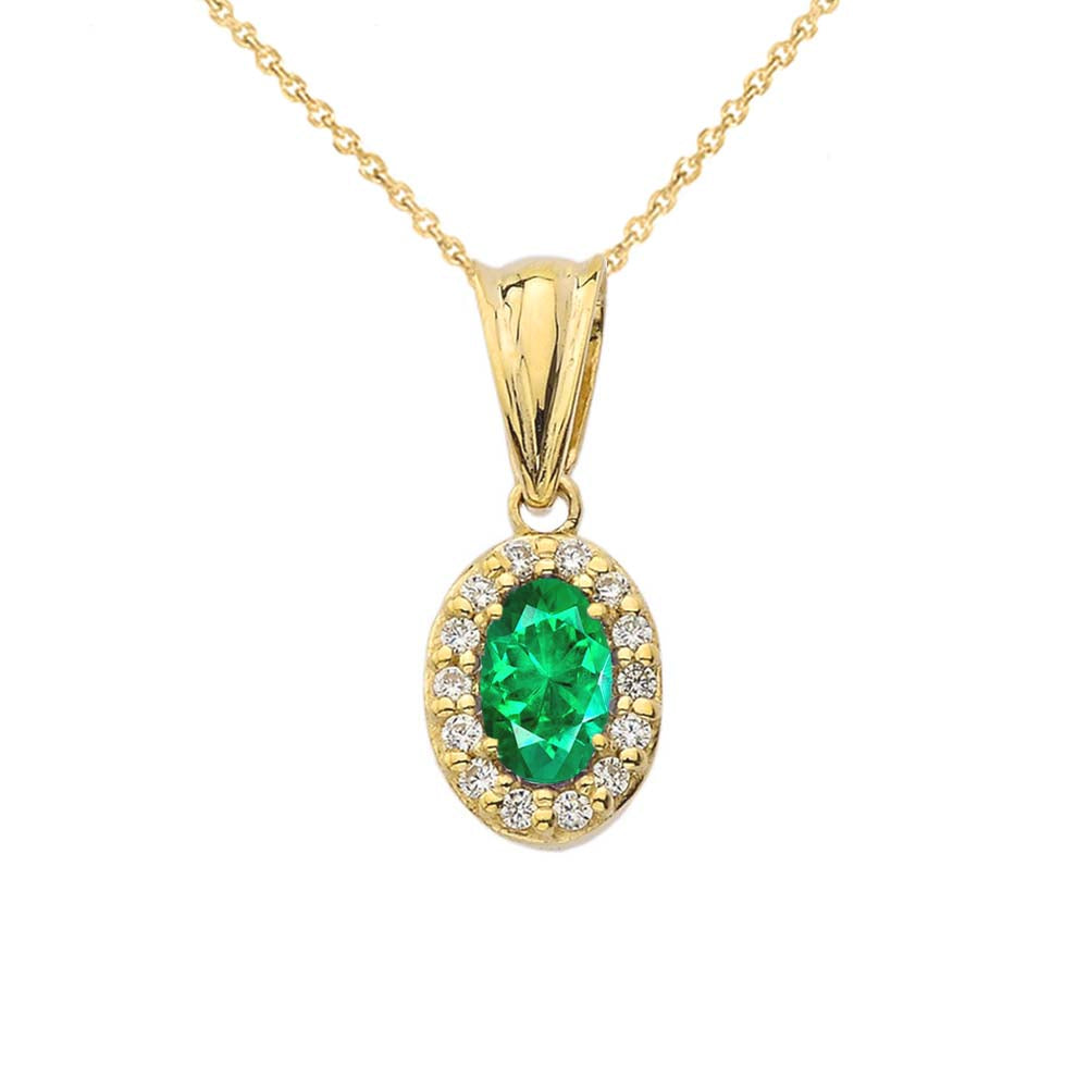 Gold Diamond & Genuine Emerald Pendant Necklace