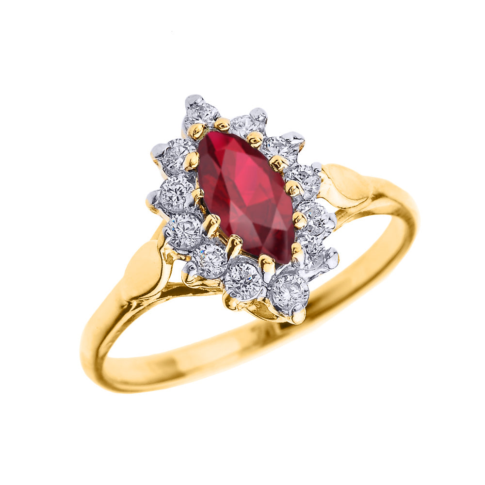 Gold Diamond and Marquise Ruby Proposal Engagement Ring