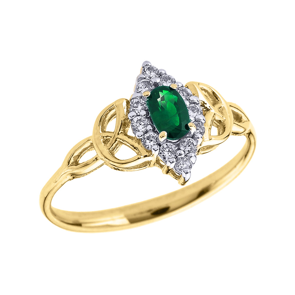 Gold Diamond and Oval Emerald Trinity Knot Proposal Ring