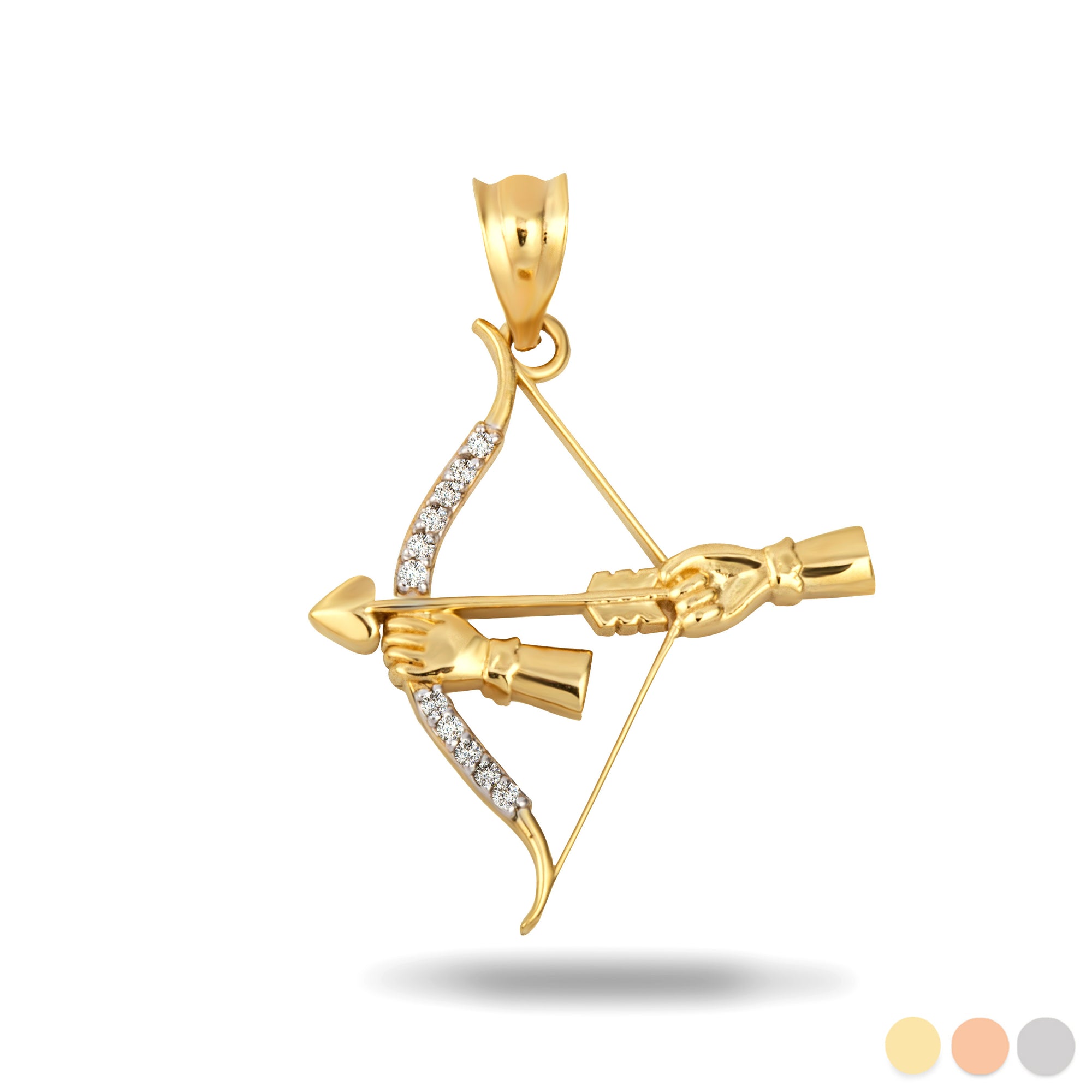 Gold Diamond Bow & Arrow Heart Cupid Archer Pendant Necklace