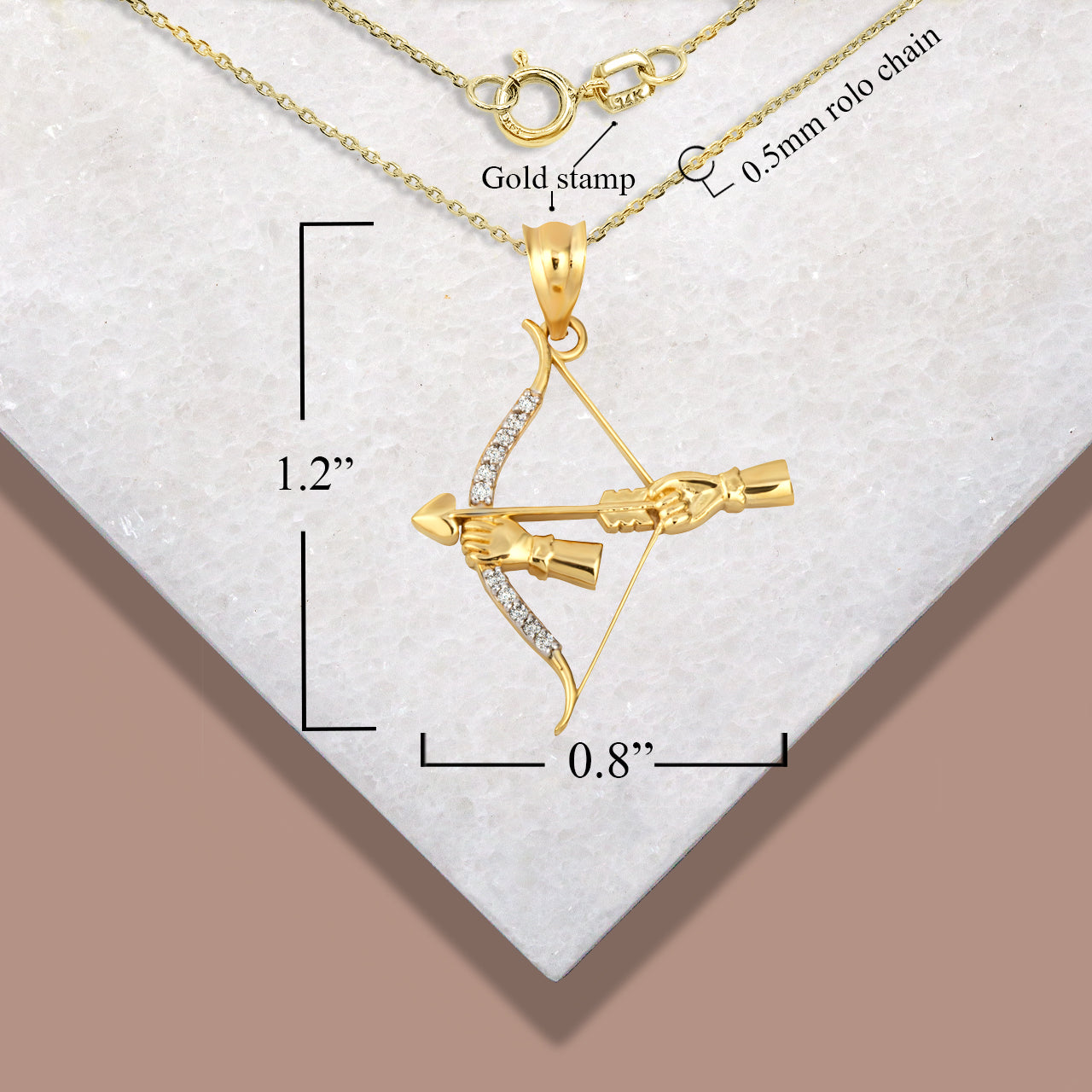 Gold Diamond Bow & Arrow Heart Cupid Archer Pendant Necklace, view 3