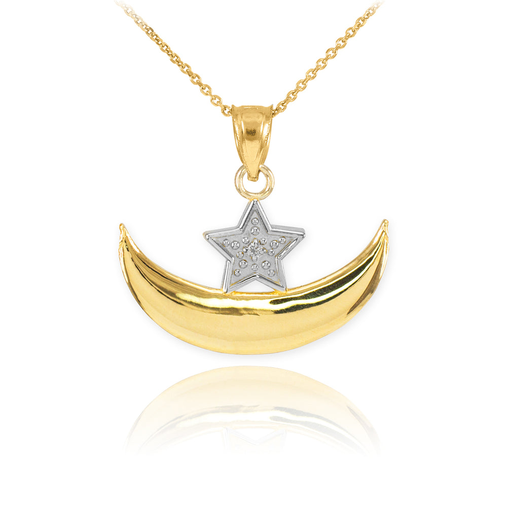 Gold Diamond Crescent Moon and Star Islamic Pendant Necklace