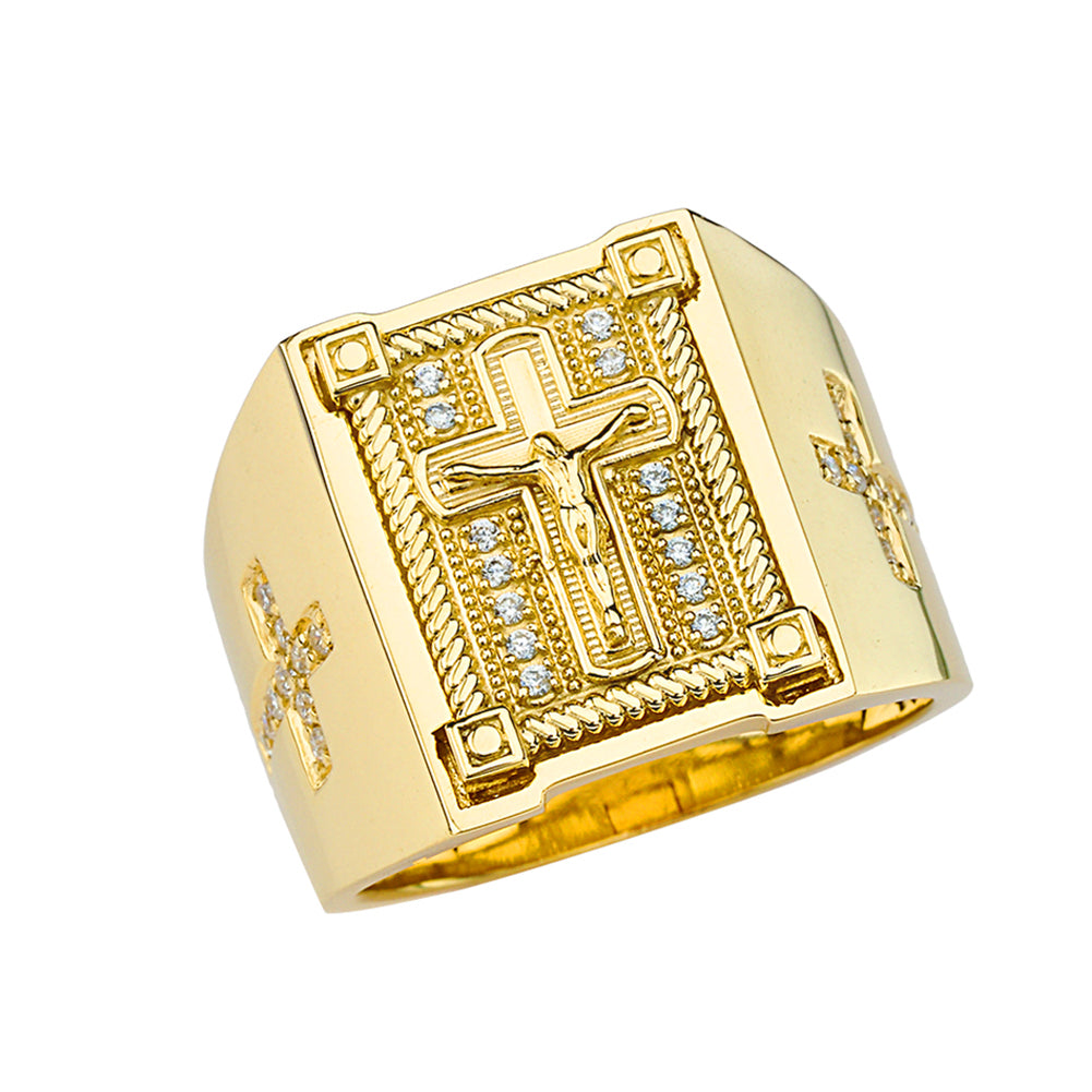 Gold Diamond Cross Crucifix Jesus Christ Rope Signet Ring