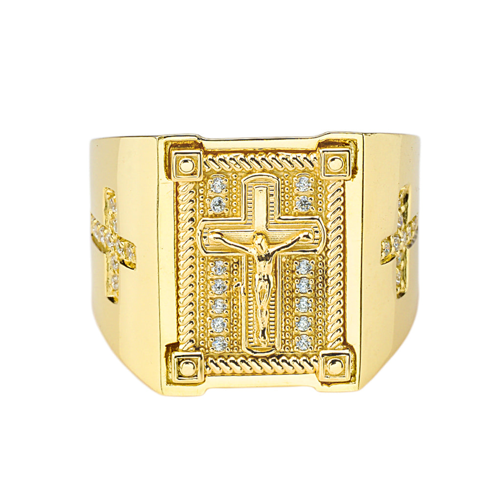 Gold Diamond Cross Crucifix Jesus Christ Rope Signet Ring, view 2