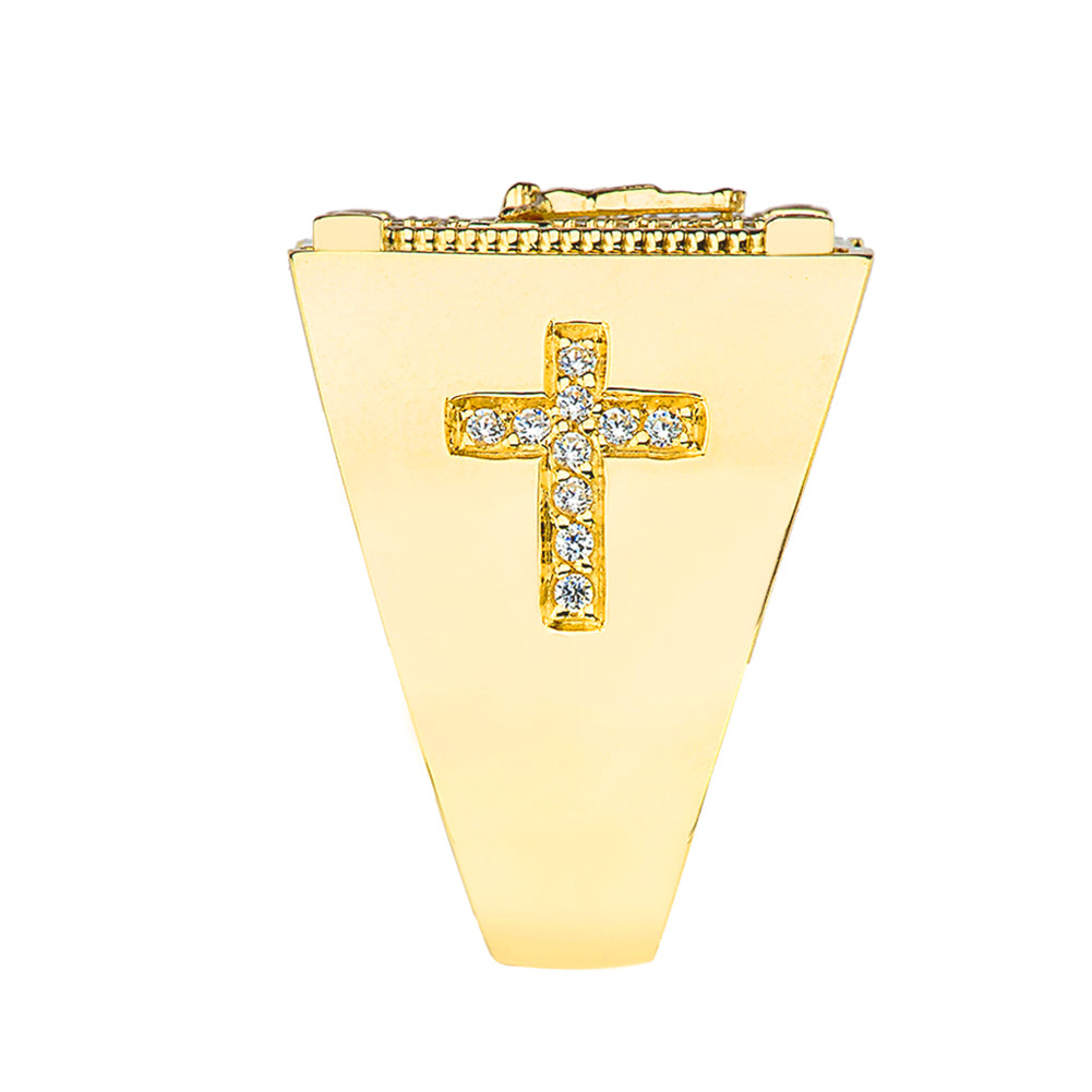 Gold Diamond Cross Crucifix Jesus Christ Rope Signet Ring, view 3