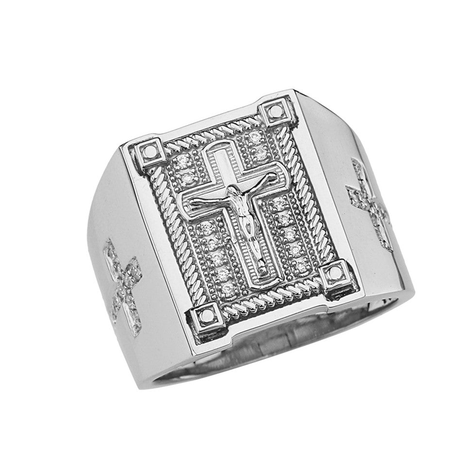 Gold Diamond Cross Crucifix Jesus Christ Rope Signet Ring, view 5