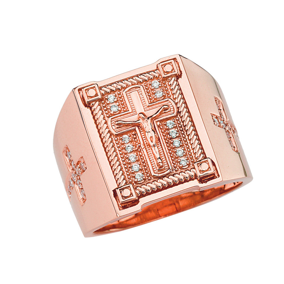 Gold Diamond Cross Crucifix Jesus Christ Rope Signet Ring, view 6