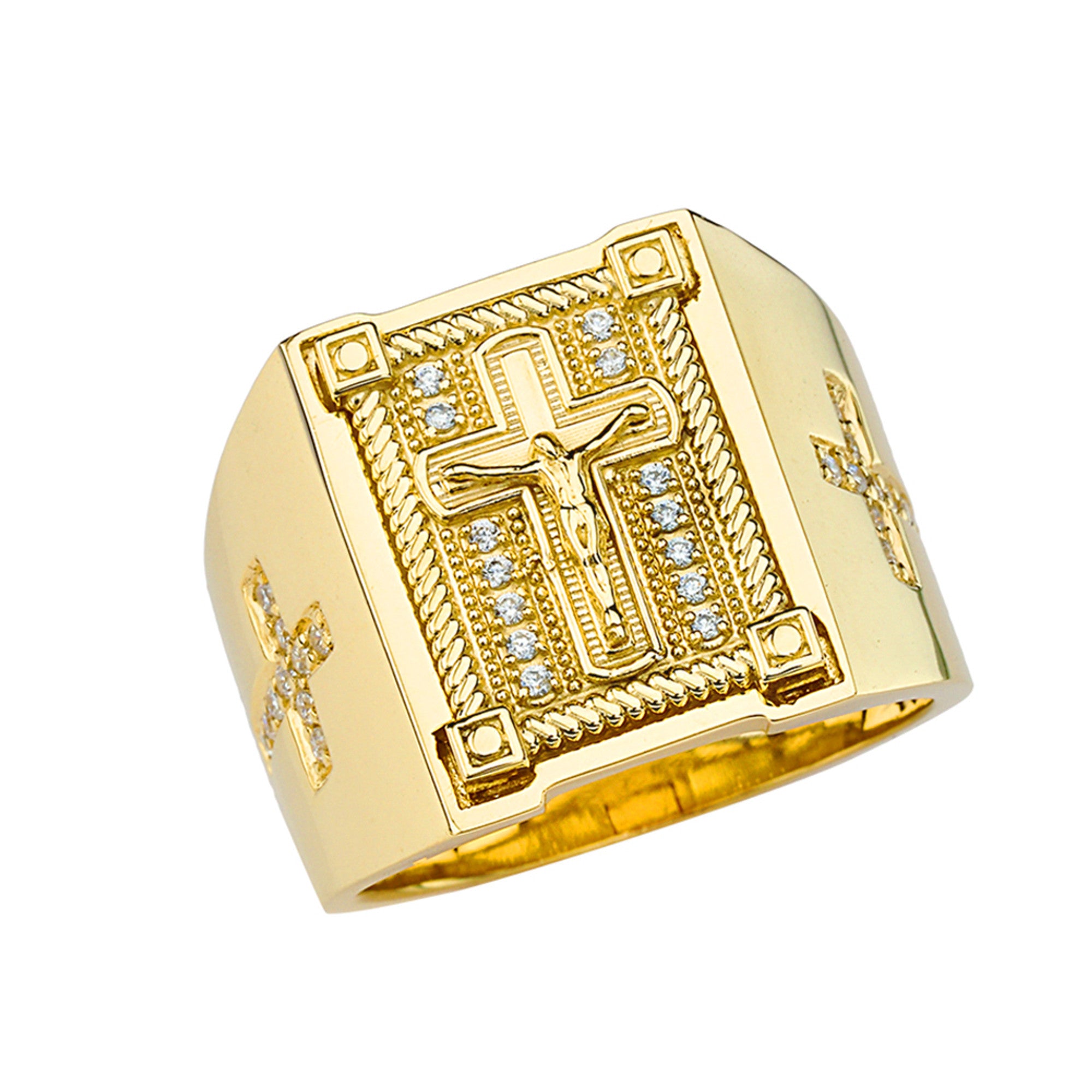 Gold Diamond Cross Crucifix Jesus Christ Rope Signet Ring, view 7