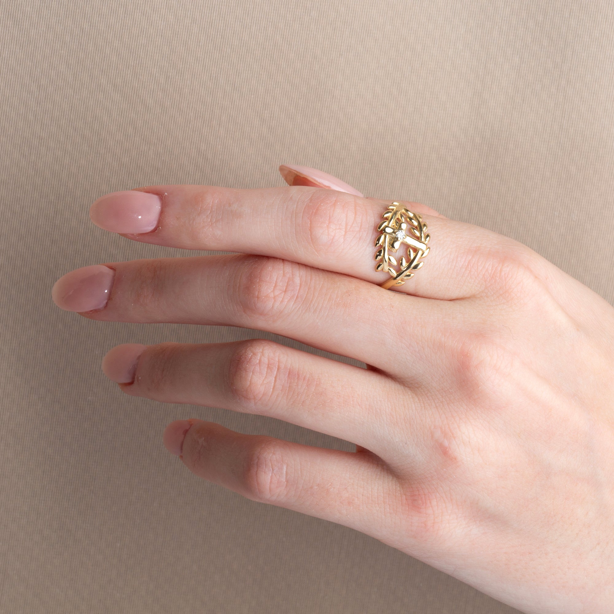 Gold Diamond Cross Olive Branch Vines Wraparound Ring, view 2