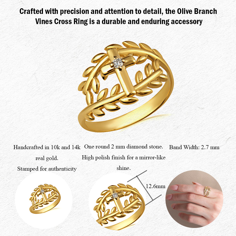 Gold Diamond Cross Olive Branch Vines Wraparound Ring, view 3
