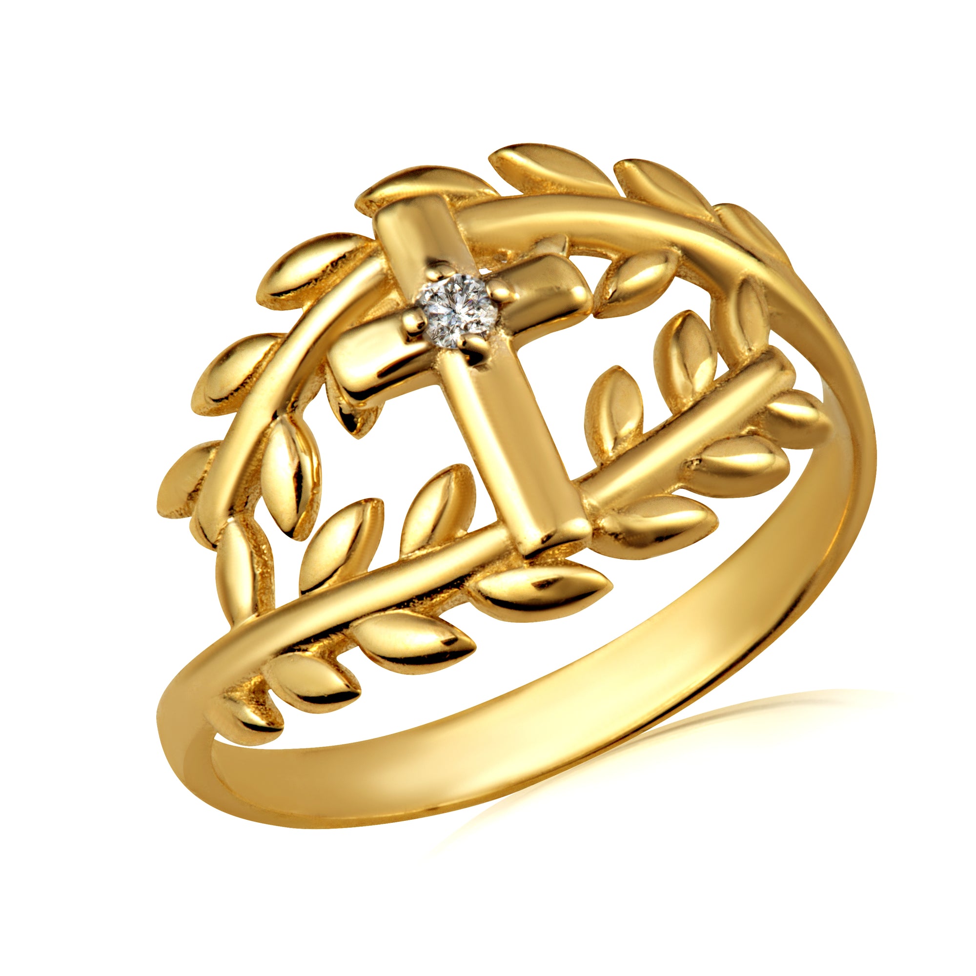 Gold Diamond Cross Olive Branch Vines Wraparound Ring, view 6
