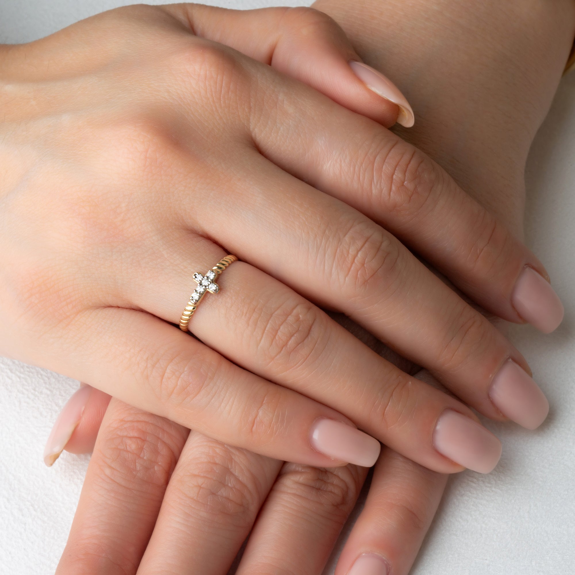 Gold Diamond Cross Rope Band Ring, view 2