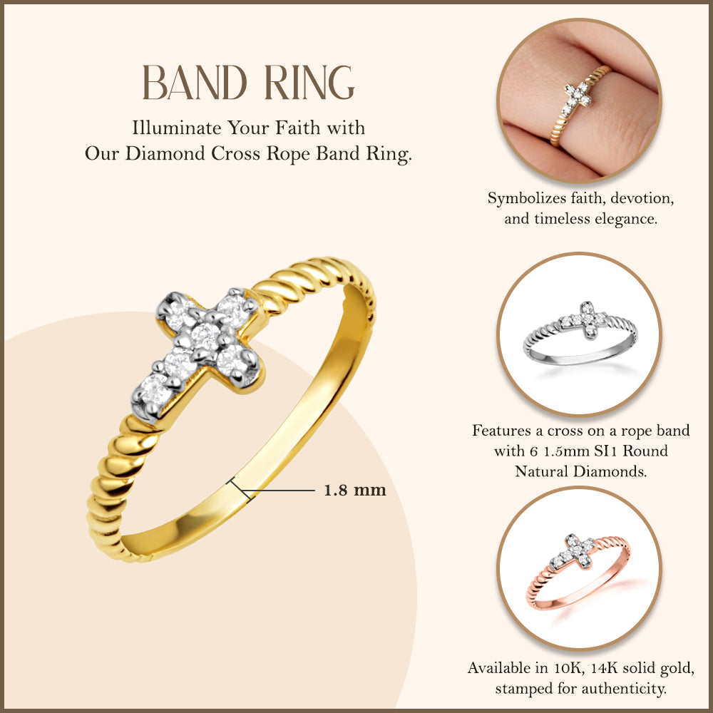 Gold Diamond Cross Rope Band Ring, view 3