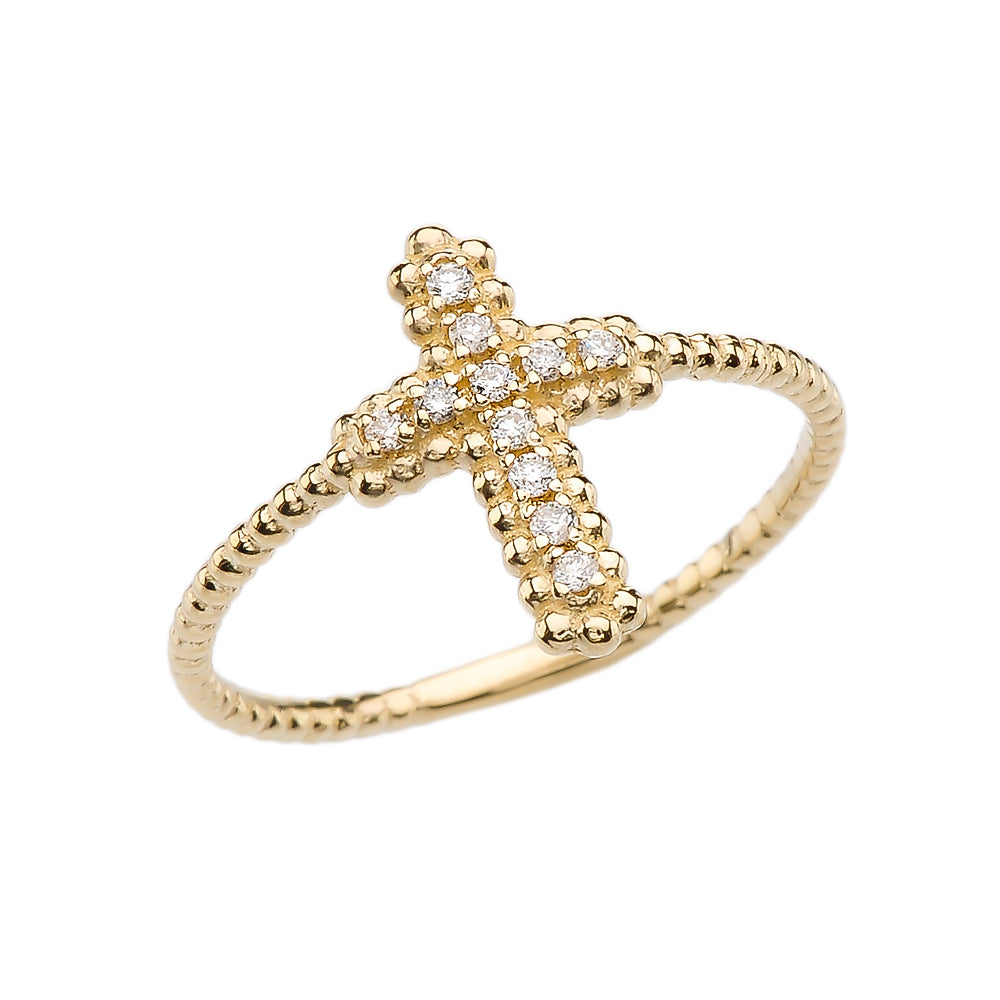 Gold Diamond Cross With Beaded Band Dainty Ring