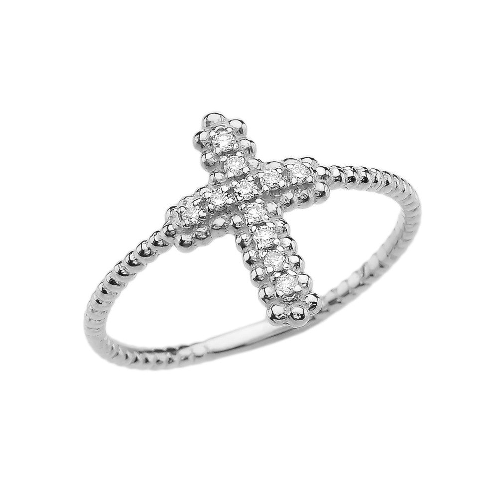 Gold Diamond Cross With Beaded Band Dainty Ring, view 3