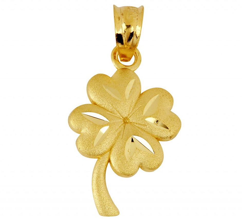 Gold Diamond Cut 4 Leaf Clover Lucky Pendant Necklace