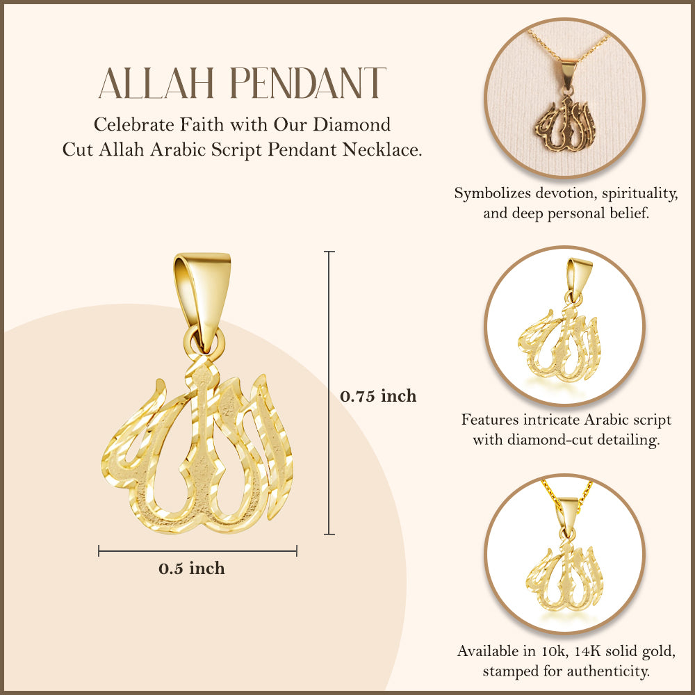Gold Diamond Cut Allah Arabic Script Pendant Necklace, view 3