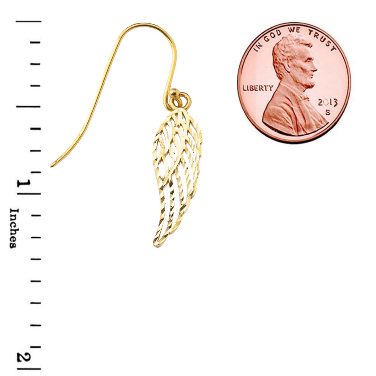 Gold Diamond Cut Angel Wings Hook Earrings, view 2