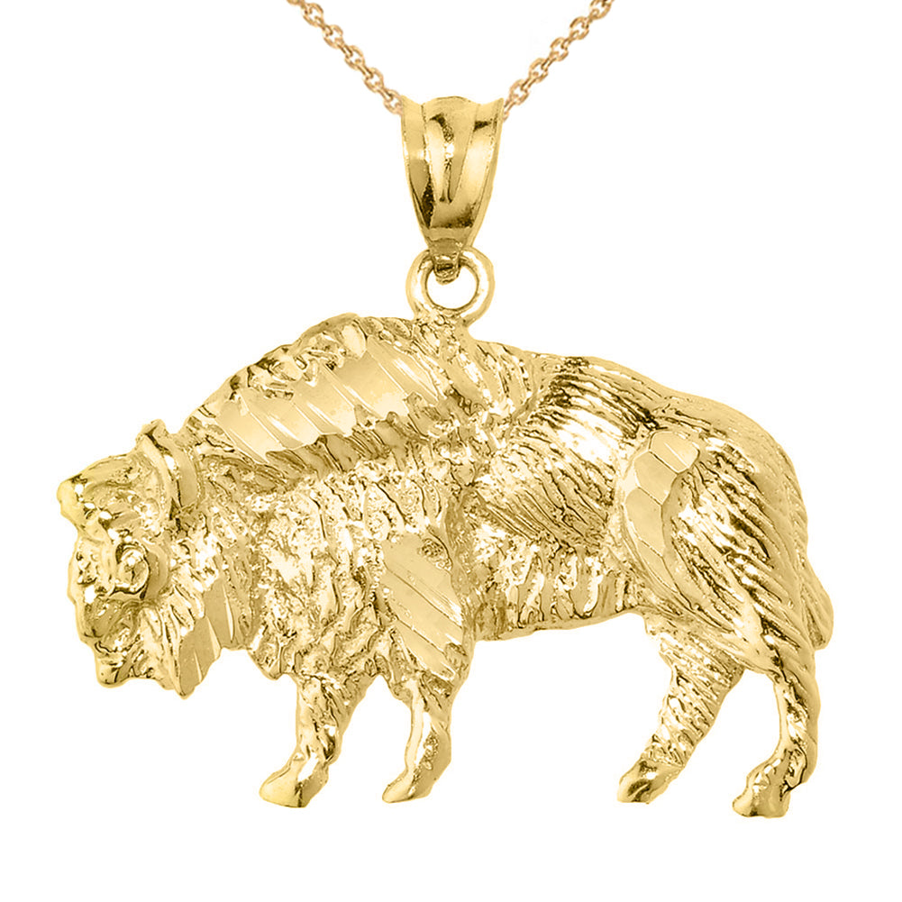 Gold Diamond Cut Bison Pendant Necklace