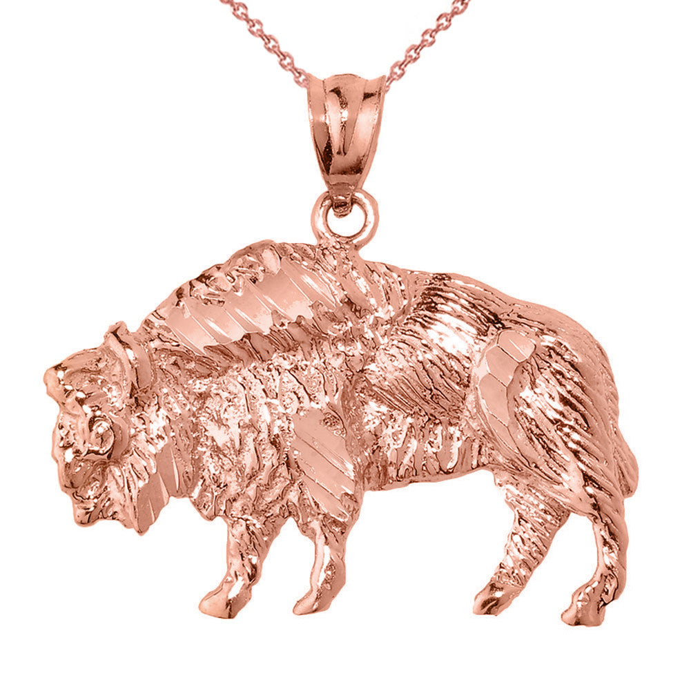 Gold Diamond Cut Bison Pendant Necklace, view 4