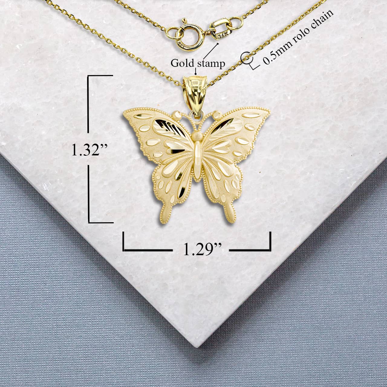 Gold Diamond Cut Butterfly Pendant Necklace (Small), view 3