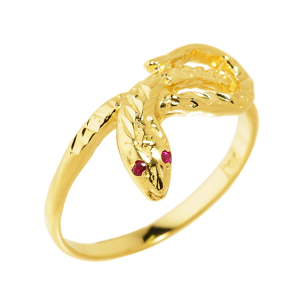 Gold Diamond Cut Coiled Snake Ruby Birthstone Textured Ring