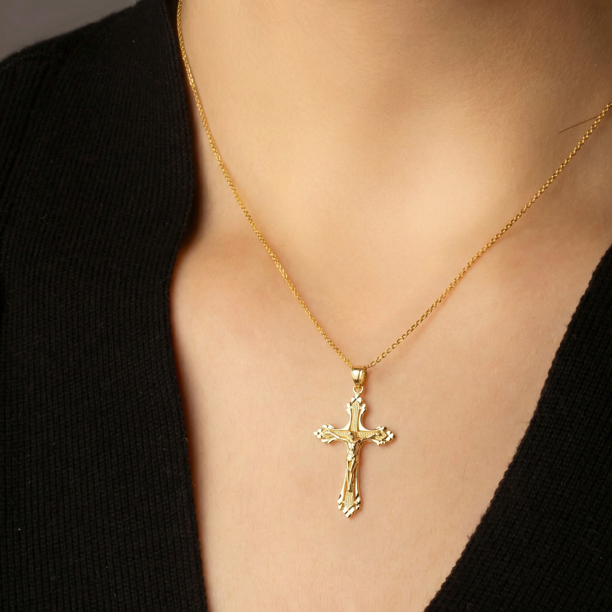 Gold Diamond Cut Crucifix Cross Jesus Christ Pendant Necklace, view 2