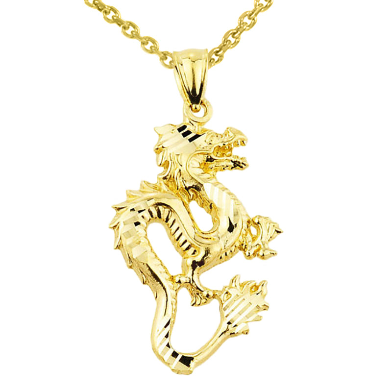 Gold Diamond Cut Dragon Charm Pendant Necklace