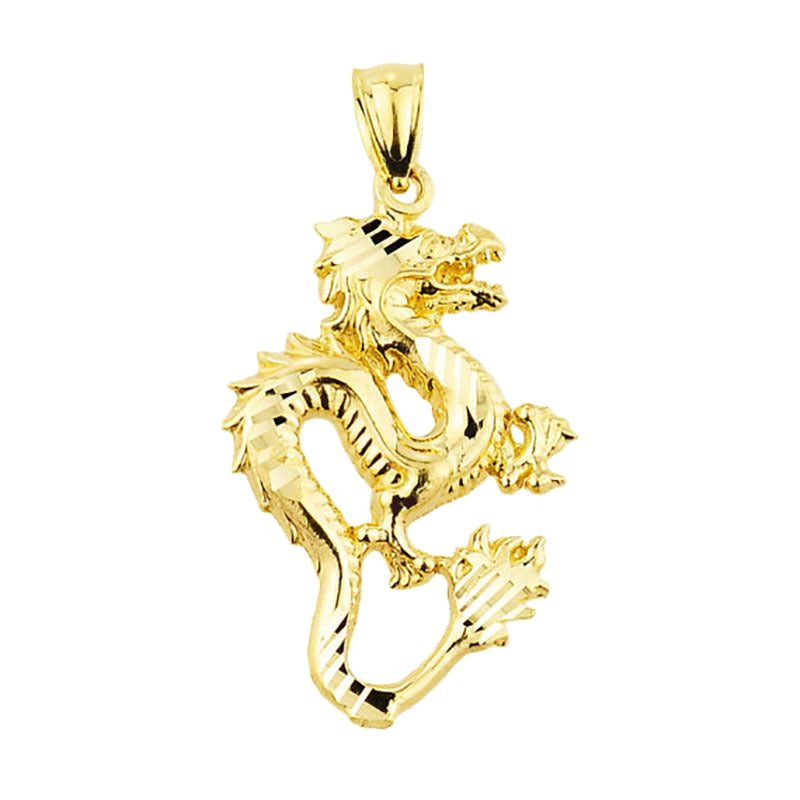 Gold Diamond Cut Dragon Charm Pendant Necklace, view 2