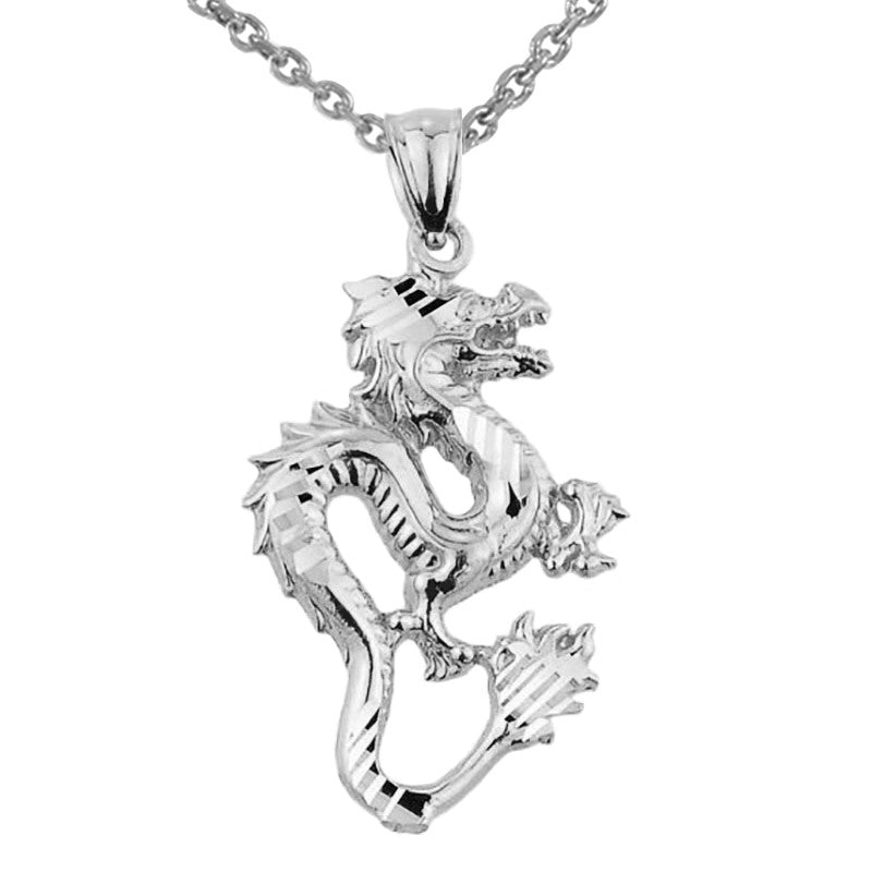 Gold Diamond Cut Dragon Charm Pendant Necklace, view 4