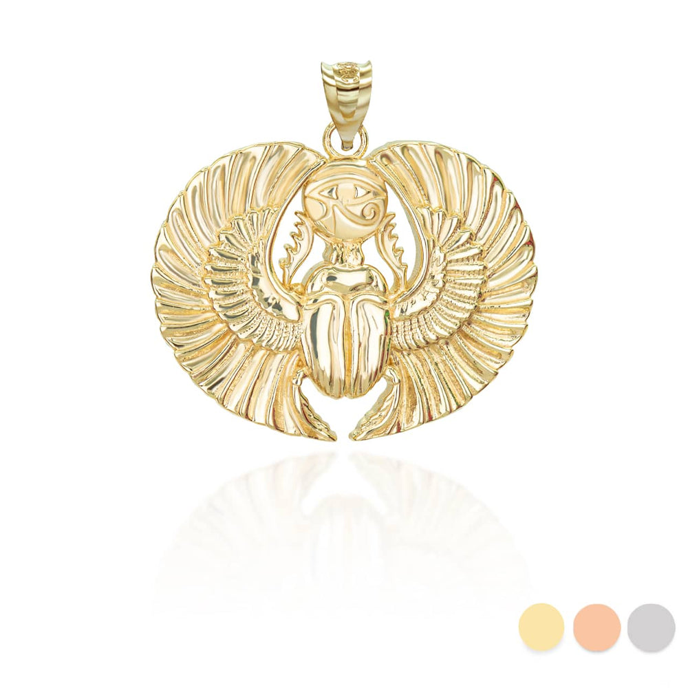 Gold Diamond Cut Egyptian Winged Scarab Beetle Eye of Horus Pendant Necklace