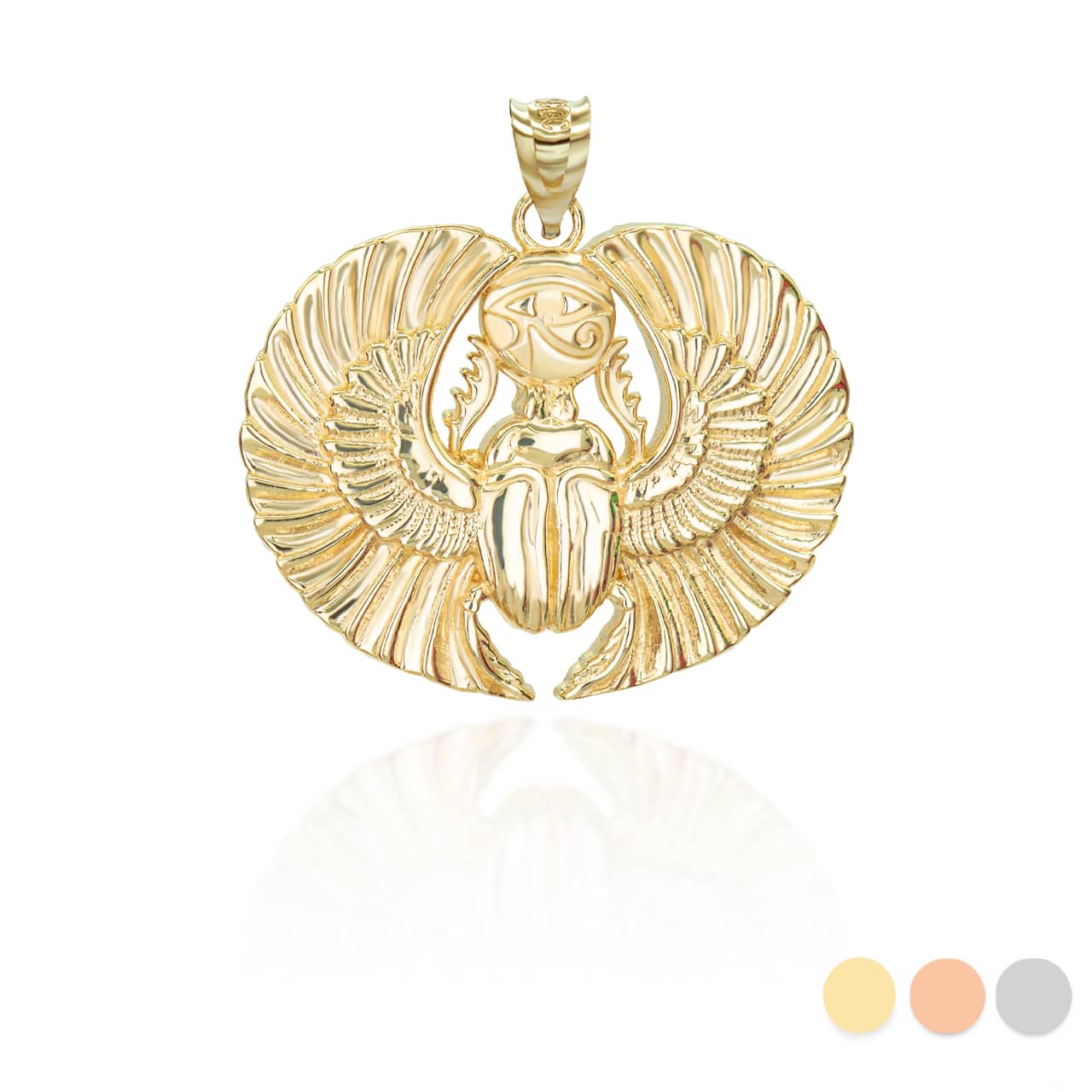 Gold Diamond Cut Egyptian Winged Scarab Beetle Eye of Horus Pendant Necklace