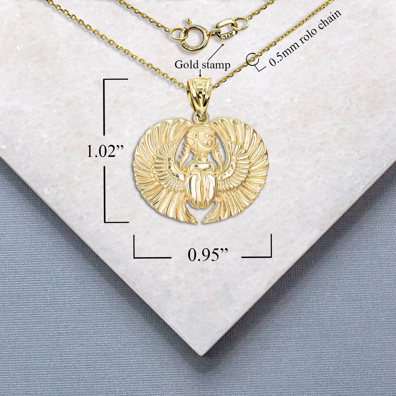 Gold Diamond Cut Egyptian Winged Scarab Beetle Eye of Horus Pendant Necklace, view 4