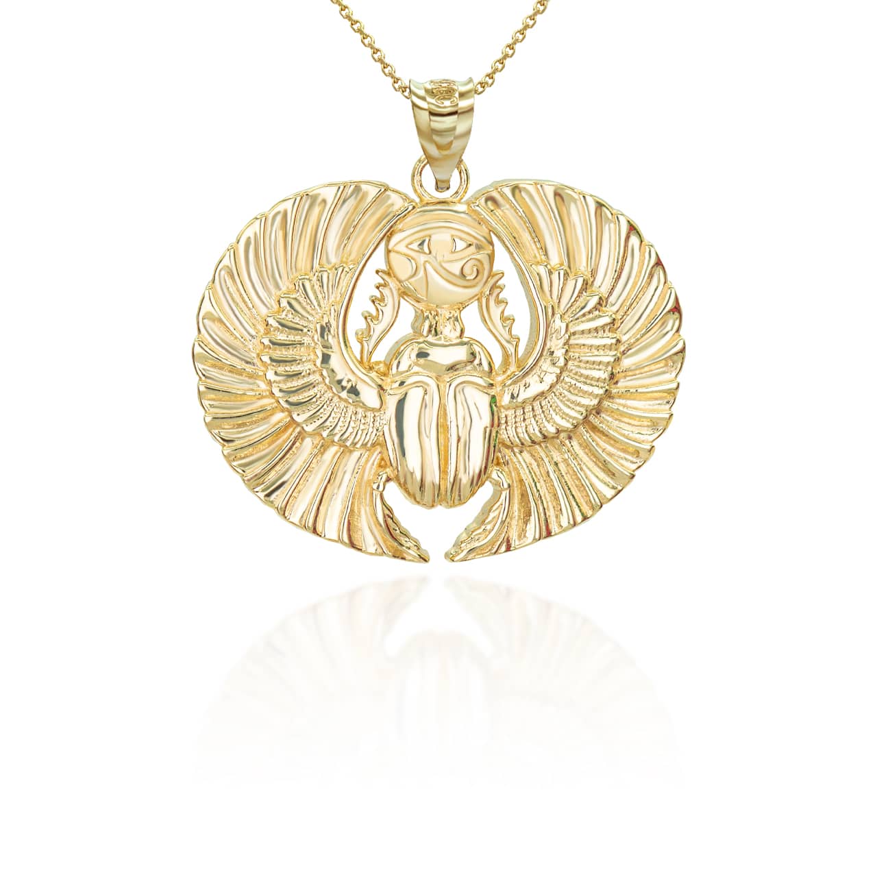 Gold Diamond Cut Egyptian Winged Scarab Beetle Eye of Horus Pendant Necklace, view 5
