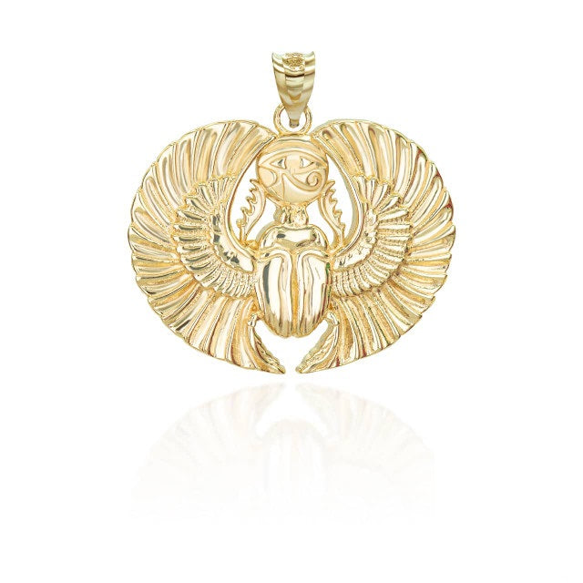 Gold Diamond Cut Egyptian Winged Scarab Beetle Eye of Horus Pendant Necklace, view 10
