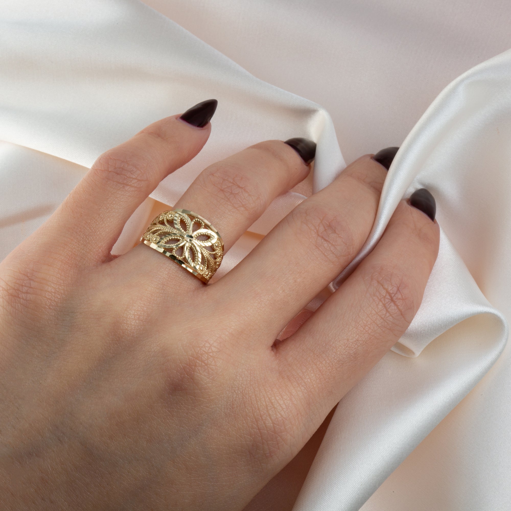 Gold Diamond Cut Filigree Butterfly Band Ring, view 2